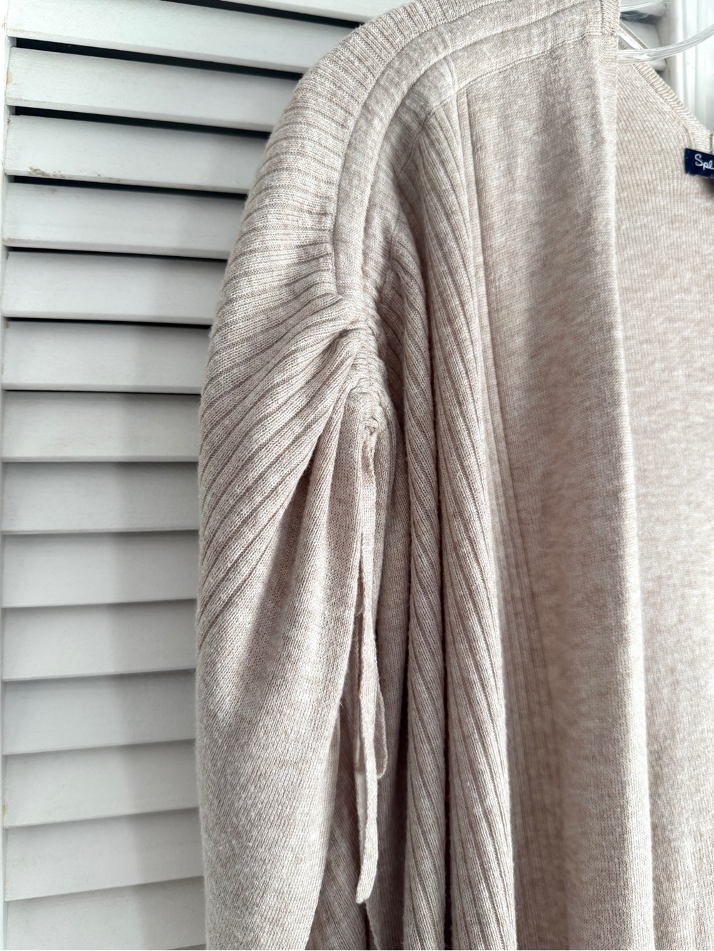 XS🤎 Splendid Cashmere Blend Oatmeal Ribbed Tie Shoulder Open Relaxed Cardigan - Picture 7 of 10